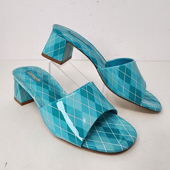 Larroude Aqua Argyle Brigitte Patent Leather Mules, Women's 5 - Picture 2 of 10